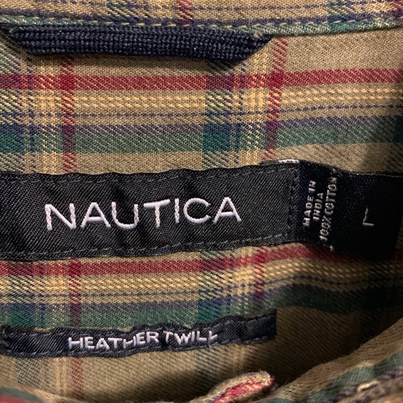 Nautica size large 100% cotton LS button down plaid gray green yellow red shirts - Picture 3 of 5